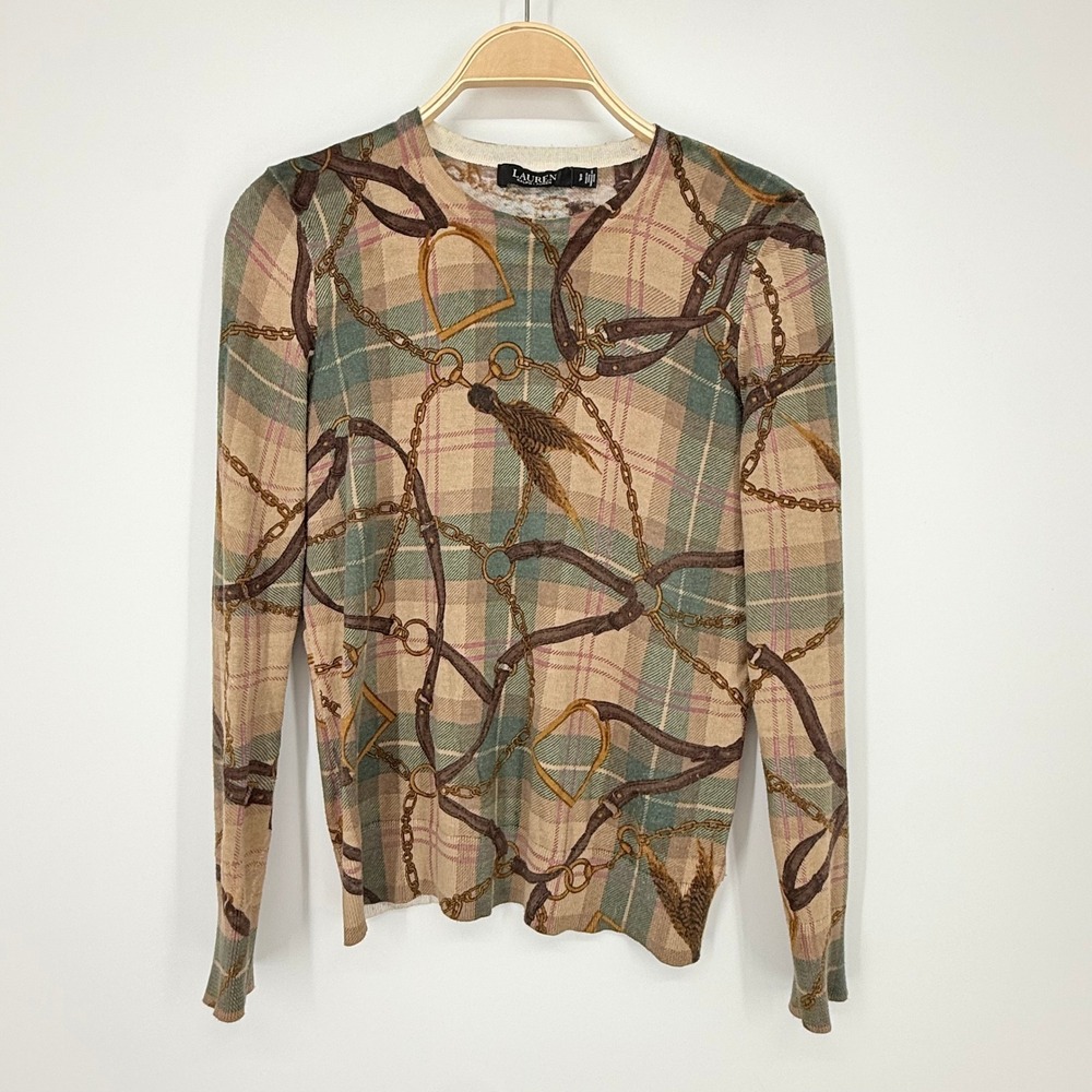 Lauren Ralph Lauren Knit Top Womens Small Tan Plaid Equestrian Fair Condition